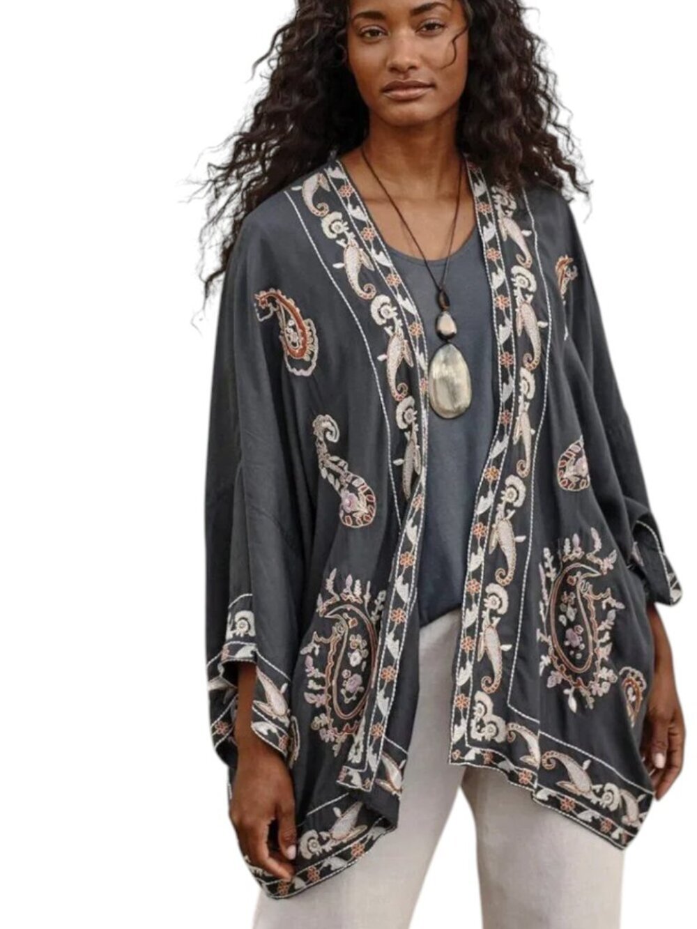 J. Jill Pure Jill Gray Embroidered Short Sleeve Kimono